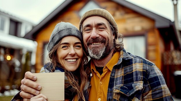 Couple holding a sign in front of their new home