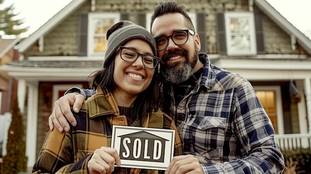 Couple holding sold sign in front of new home