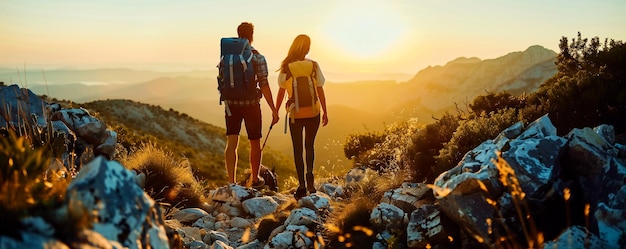 Photo a couple holds hands and looks at the sunset