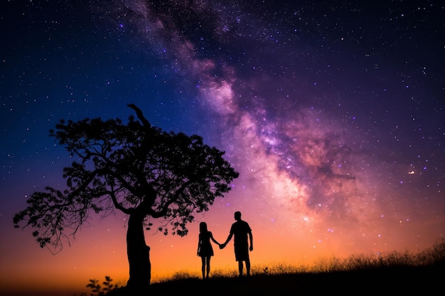 A couple holds hands under a starry sky surrounded by natural landscape