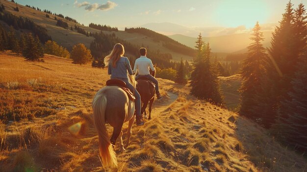 Photo couple horseback riding scenic hotel trails