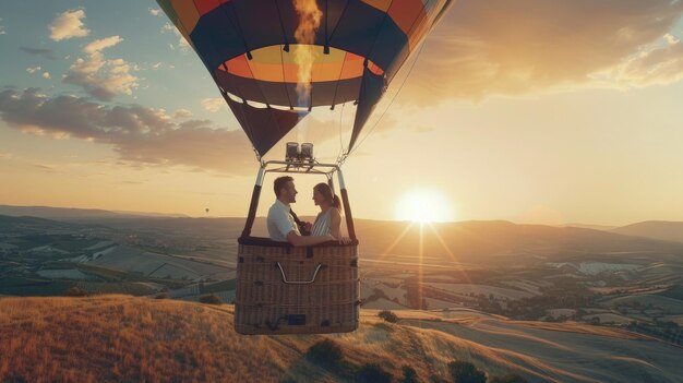 Photo a couple in a hot air balloon with the sun behind them