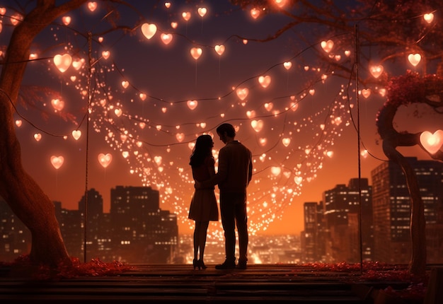 A couple Hugging each other on Valentine's Day area illuminated by the warm glow of hanging hearts