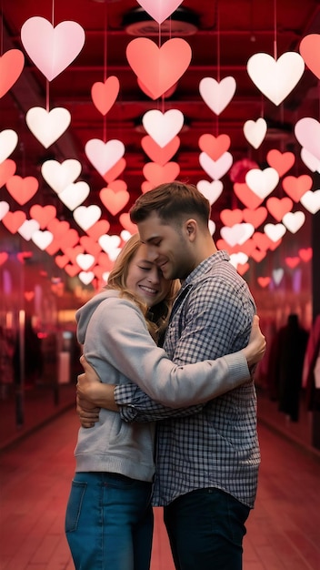 Photo a couple hugging each other on valentines day area illuminated by the warm glow of hanging hearts