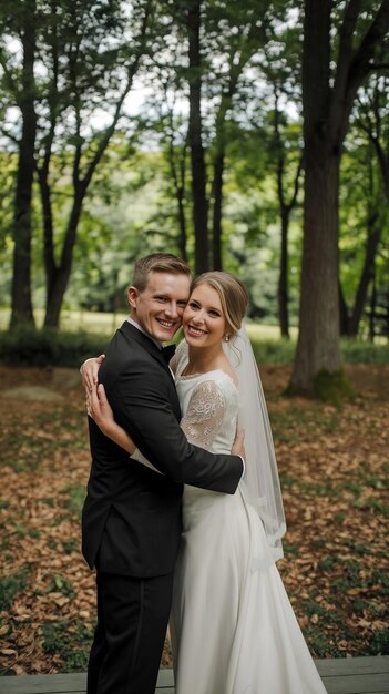 Photo couple hugging and happy outside for wedding bride and groom with love embrace together with affe