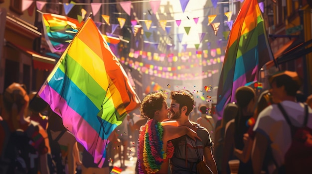 a couple hugging in a rainbow colored dress with a rainbow flag behind them