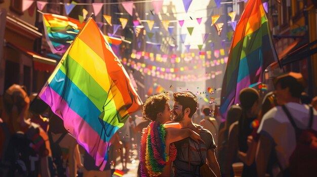 Photo a couple hugging in a rainbow colored dress with a rainbow flag behind them