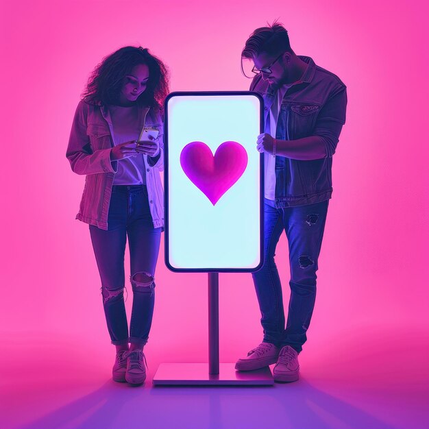 Photo couple interacting with a glowing heart display in a vibrant pink studio setting at night