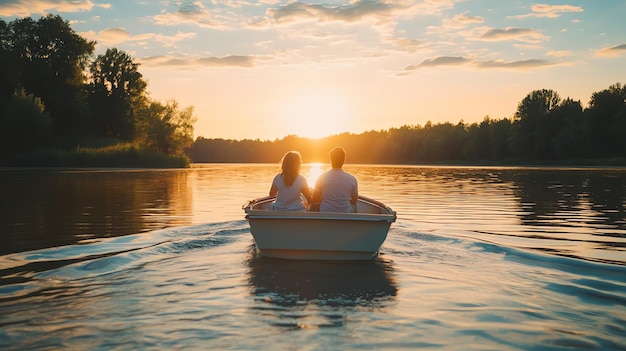 Photo a couple is on a boat on a lake at sunset