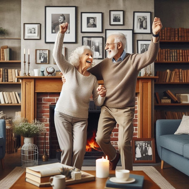 a couple is celebrating their anniversary in front of a fireplace