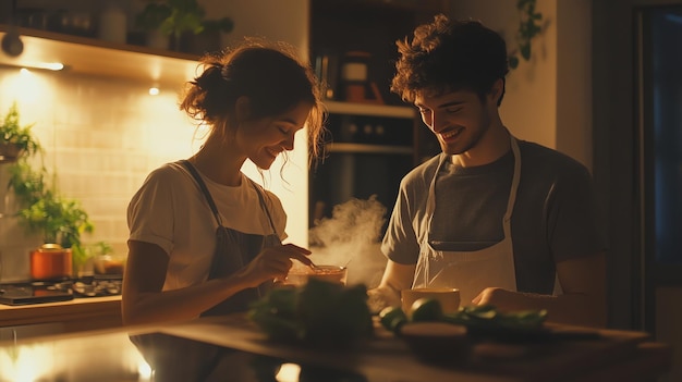 A couple is cooking together in the kitchen laughing and enjoying each others company