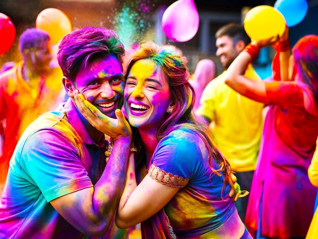 a couple is covered in colored dye and has a colorful shirt on