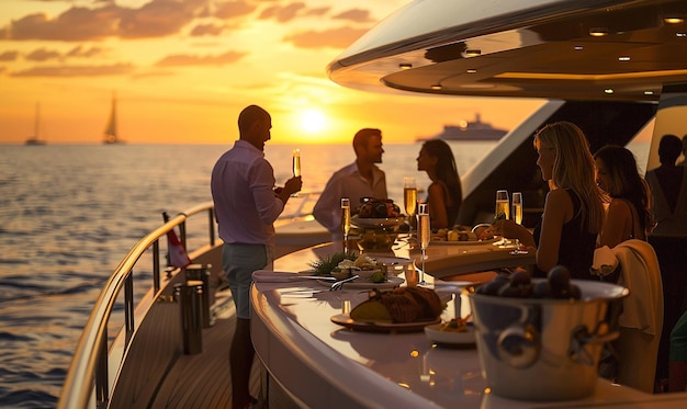 a couple is drinking wine on a boat with a sunset in the background