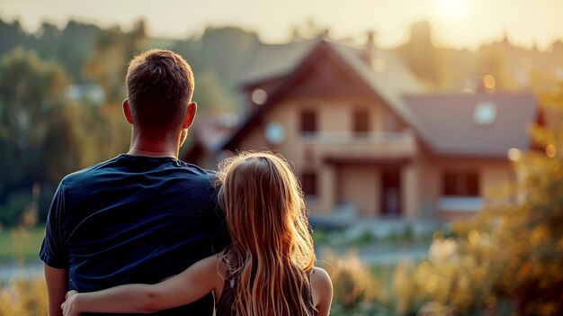 The couple is enjoying the view of their new home as the sun sets in the evening sky