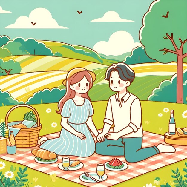 A couple is having a picnic in the countryside solid color background illustrator