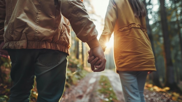 A couple is holding hands while walking in the woods