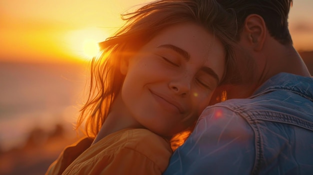 A couple is hugging each other on a beach at sunset