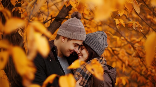 Photo a couple is hugging in the fall with leaves falling around them