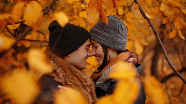 Photo a couple is hugging in the fall with leaves falling around them