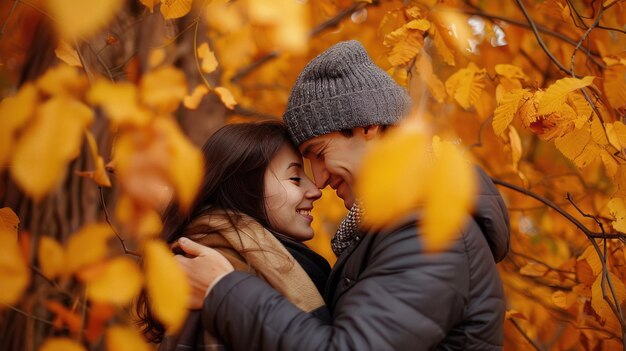 Photo a couple is hugging in the fall with leaves falling around them