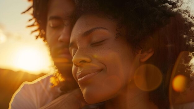 A couple is hugging and smiling in the sun