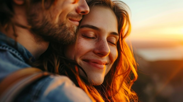 A couple is hugging and smiling at sunset