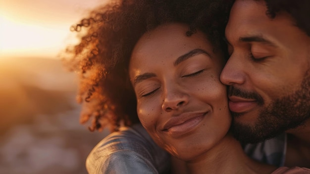 A couple is hugging and smiling at sunset