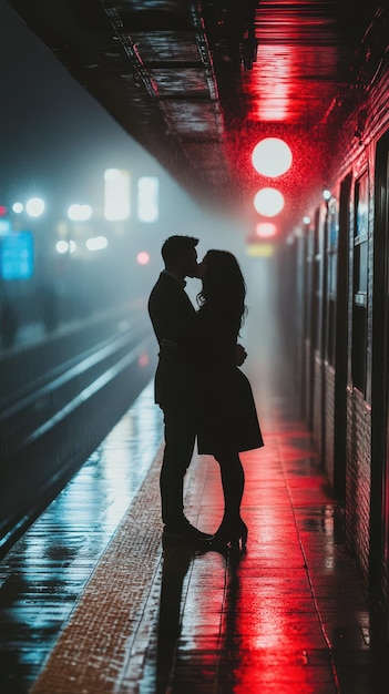 A couple is kissing in the rain on a subway platform