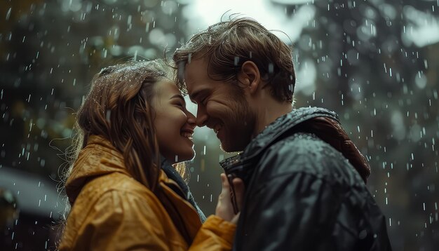 Photo a couple is kissing in the rain with the man wearing a black jacket