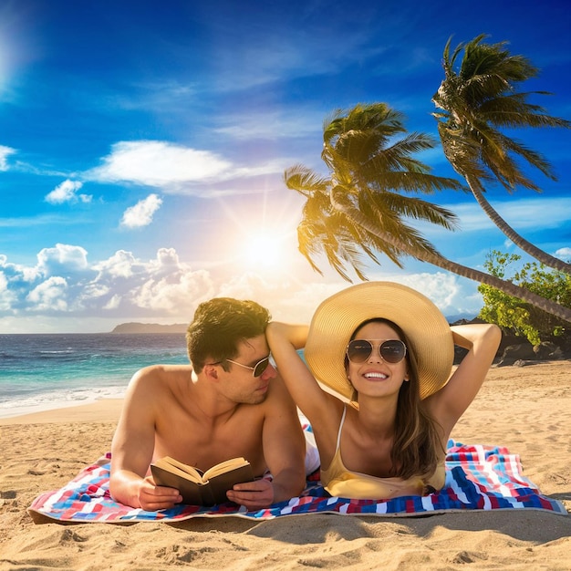 a couple is laying on the beach and a book titled quot the beach quot