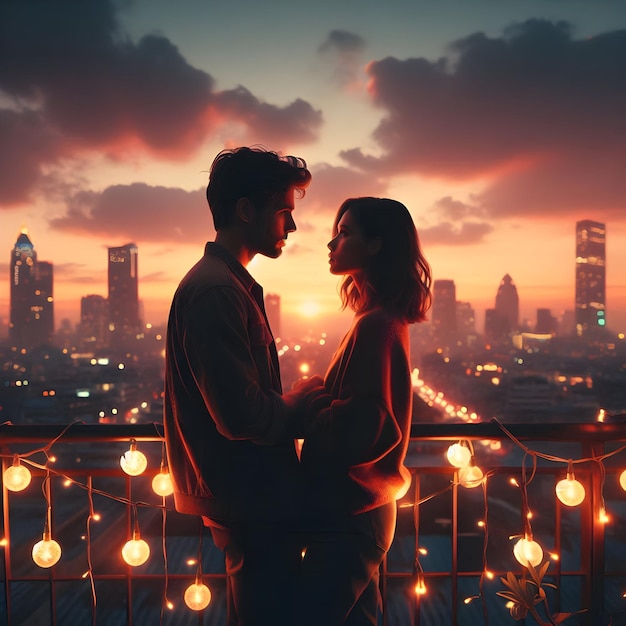 a couple is looking at the city skyline