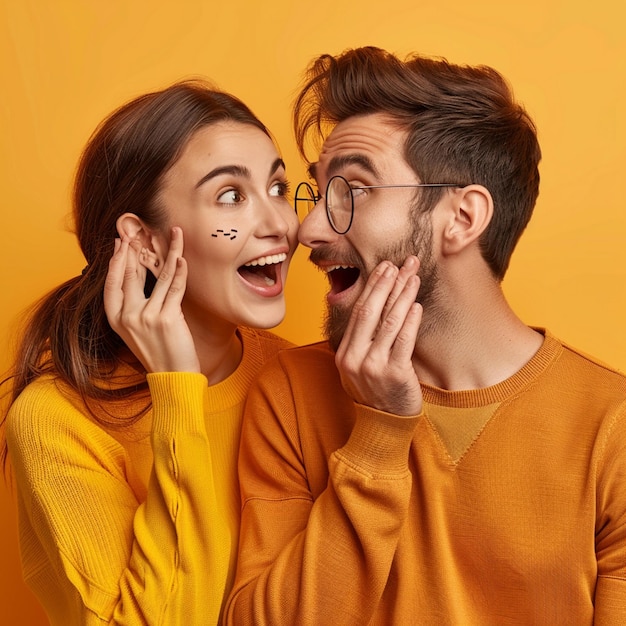 a couple is looking at each other and the man is wearing a yellow shirt with the word face on it