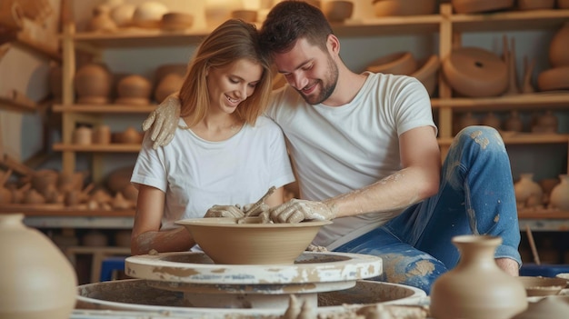 Photo a couple is at a pottery class both wearing blank t shirts they are sitting and shaping clay with th