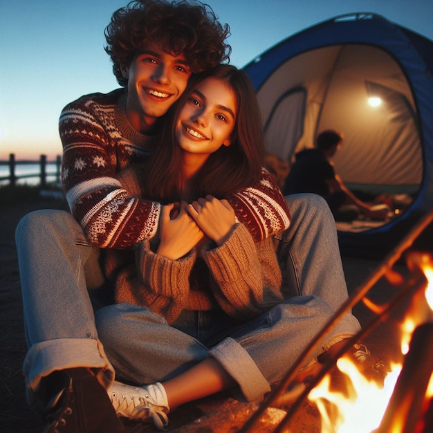 a couple is sitting next to a campfire