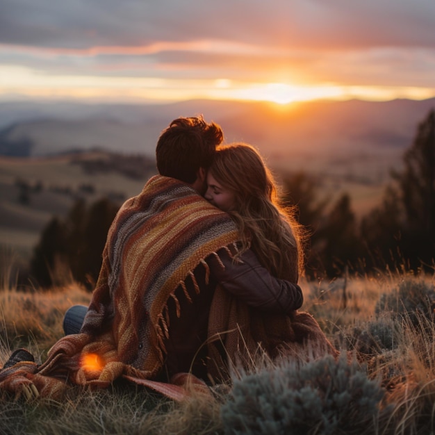 Photo a couple is sitting in a field with the sun setting behind them