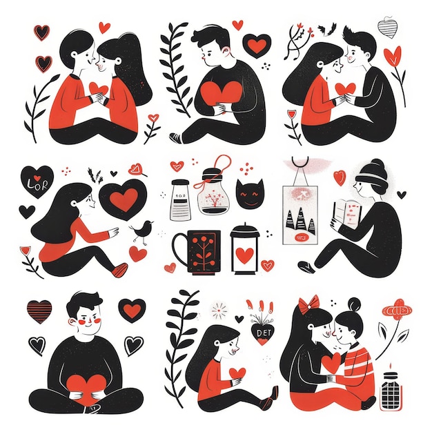 a couple is sitting on the floor with hearts and the words love