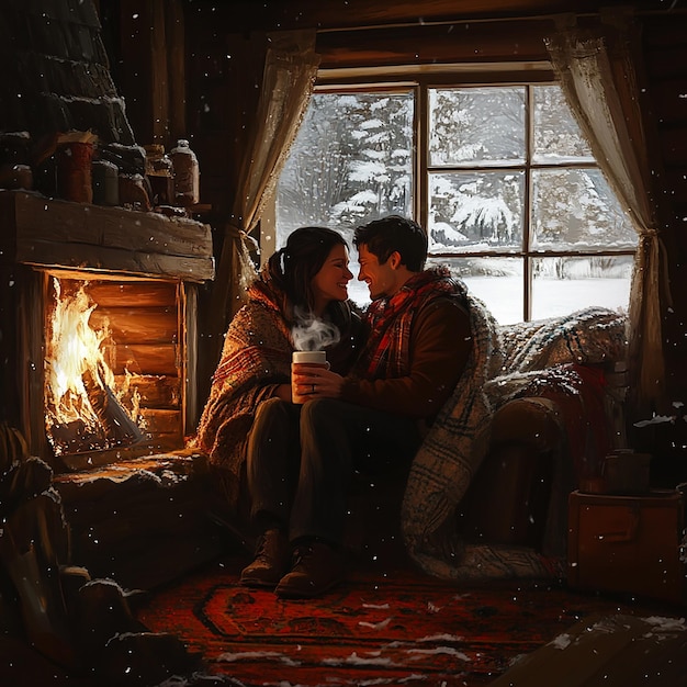 Photo a couple is sitting in front of a fireplace with a snowflakes on the window