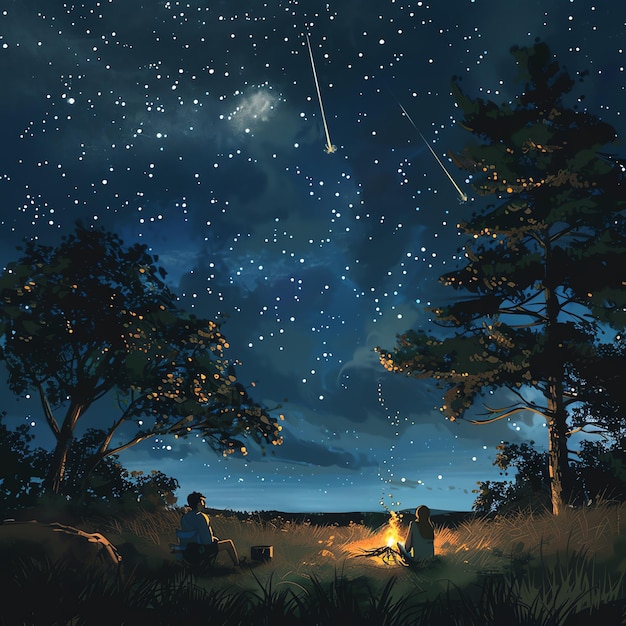 A couple is sitting on a hill looking up at the night sky The sky is full of stars