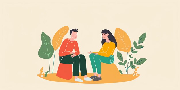 Photo a couple is sitting on a rock in a field talking the man is wearing a red shirt and the woman is wearing a yellow shirt there are green plants and flowers around them