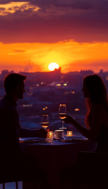 a couple is sitting at a table with wine glasses in front of them