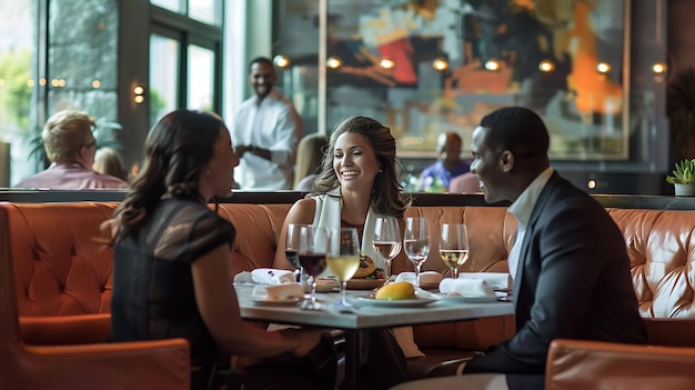 a couple is sitting at a table with wine glasses and a man in a suit