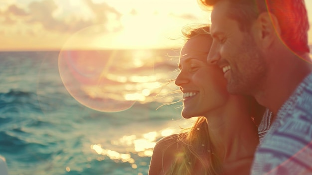 A couple is smiling and looking out at the ocean