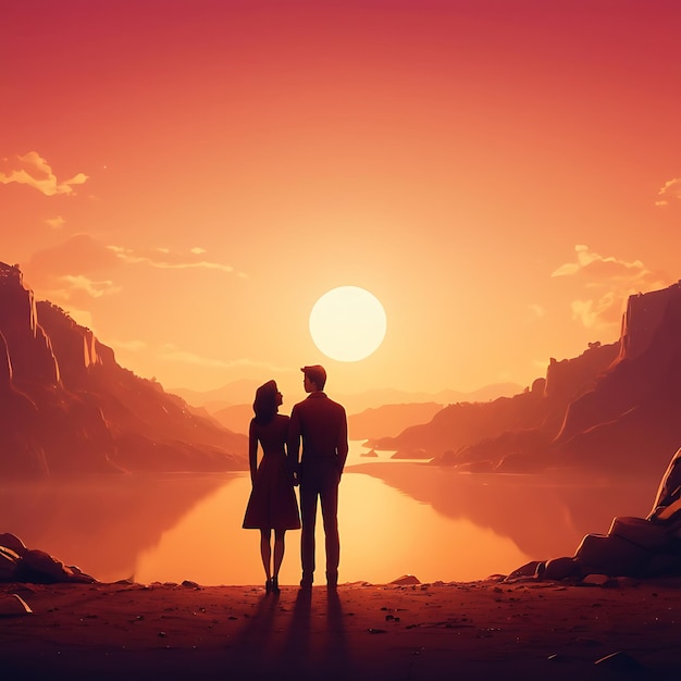 a couple is standing on a beach and the sun is setting