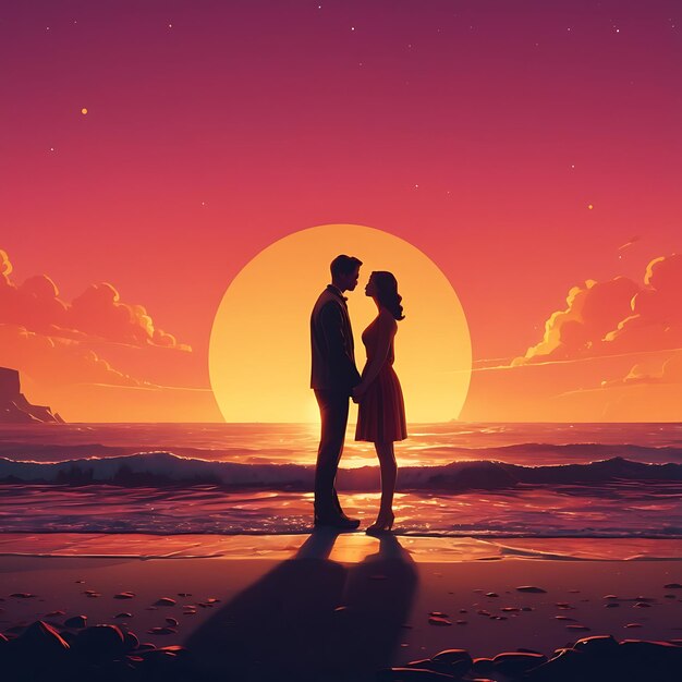 a couple is standing on a beach with the sun setting behind them