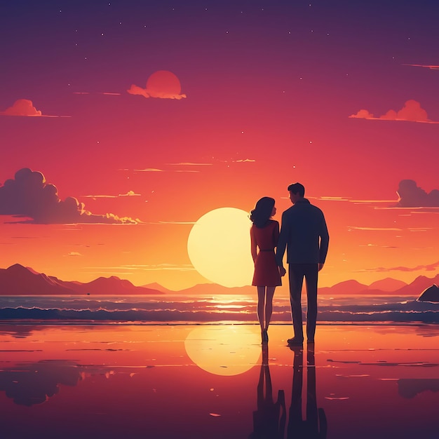 a couple is standing on a beach with the sun setting behind them