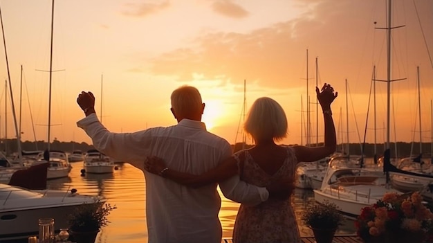 a couple is standing in front of a boat with the sun behind them