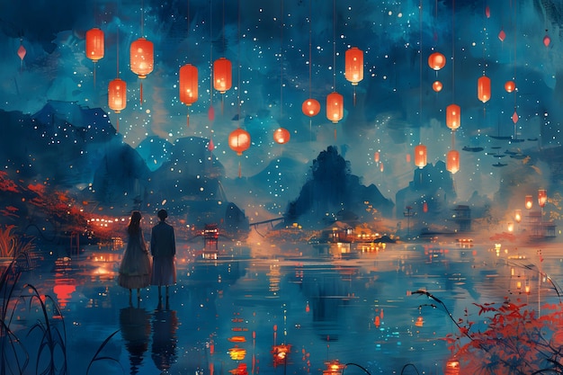 A couple is standing on a lake at night with lanterns Tanabata The StarCrossed Lovers39 Festival