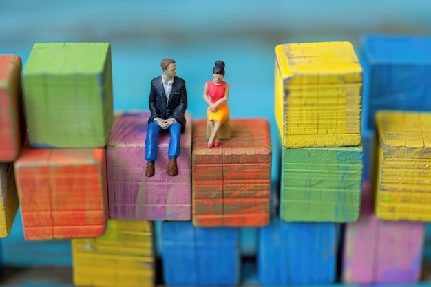 Photo a couple is standing on a stack of colorful boxes