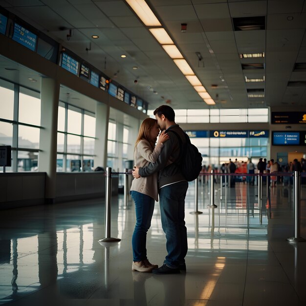 a couple is standing in a terminal with the word airport on the wall