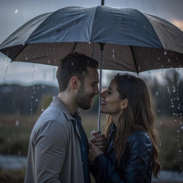 Photo a couple is standing under an umbrella with rain drops